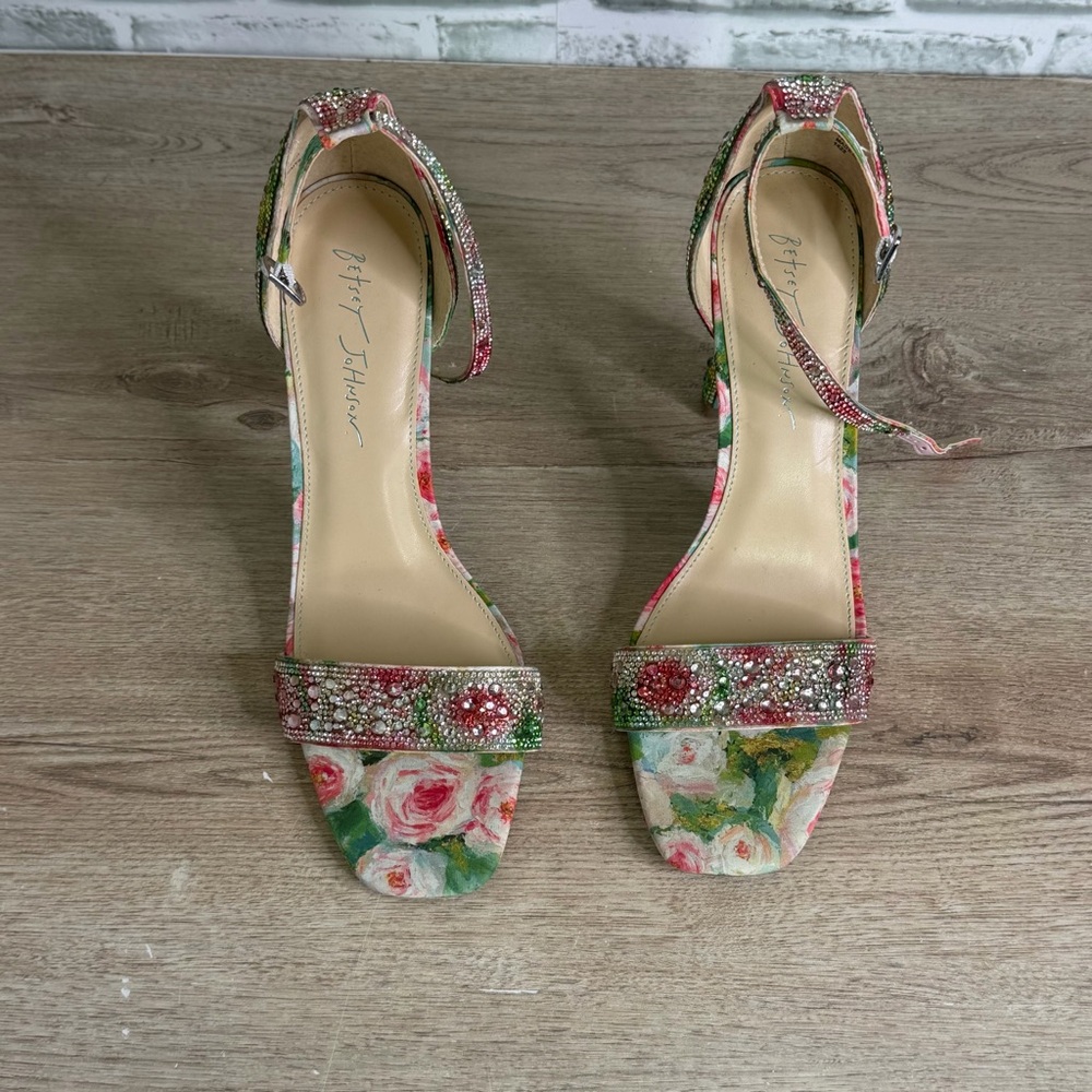 Betsey Johnson Floral Pink Green Rhinestone Ankle Strap Heels